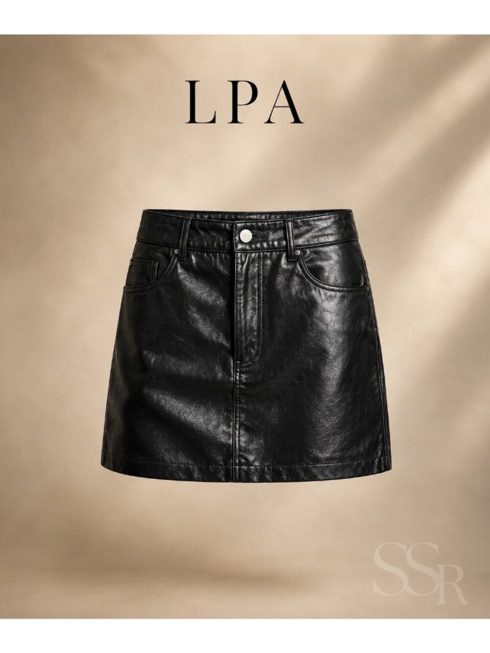 LPA Black Genuine Leather Mini Skirt Large Five Pocket Zip Fly Revolve Lined